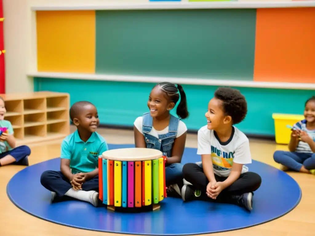 Grupo de niños felices tocando instrumentos musicales en aula colorida