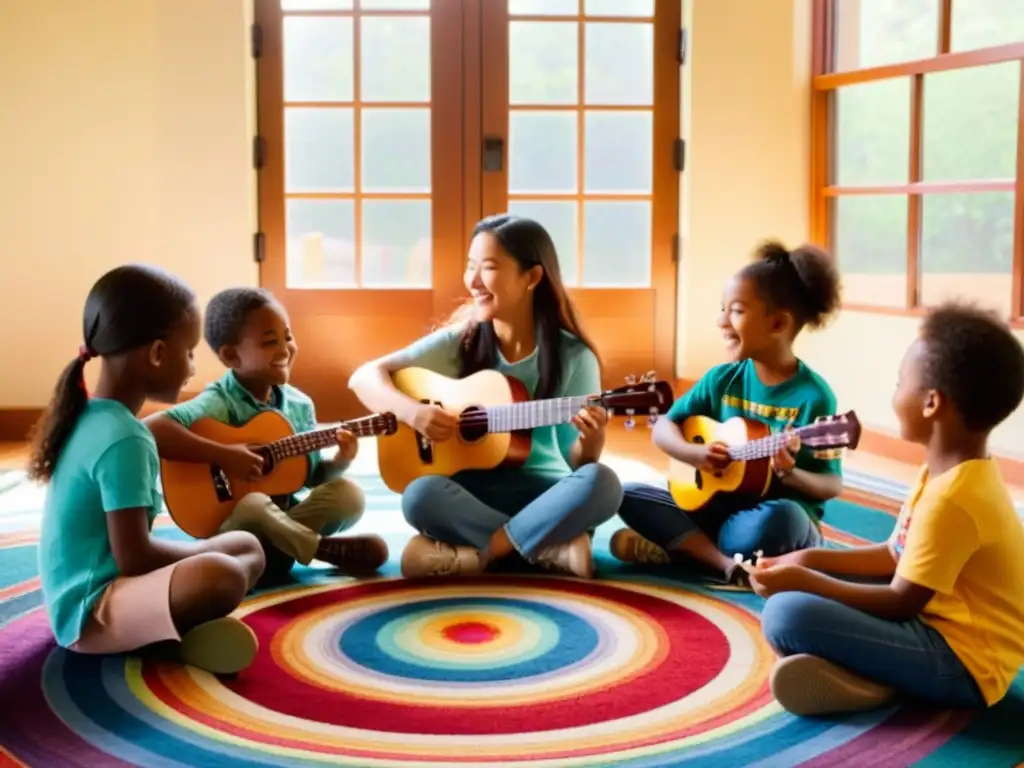 Grupo de niños felices tocando el ukelele juntos en una clase, generando beneficios sociales del ukelele infantil