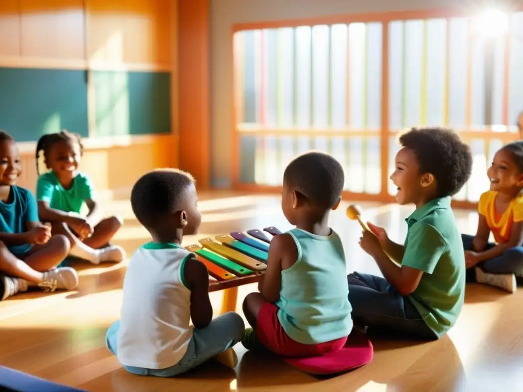 Grupo de niños aprendiendo la importancia del xilófono en música en un aula soleada con su profesor