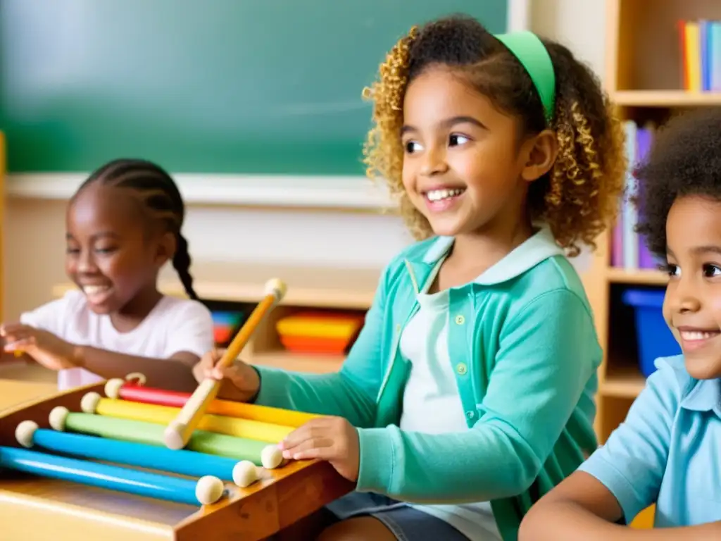 Un grupo de niños toca instrumentos musicales en un aula luminosa, creando una atmósfera armoniosa de aprendizaje y diversión