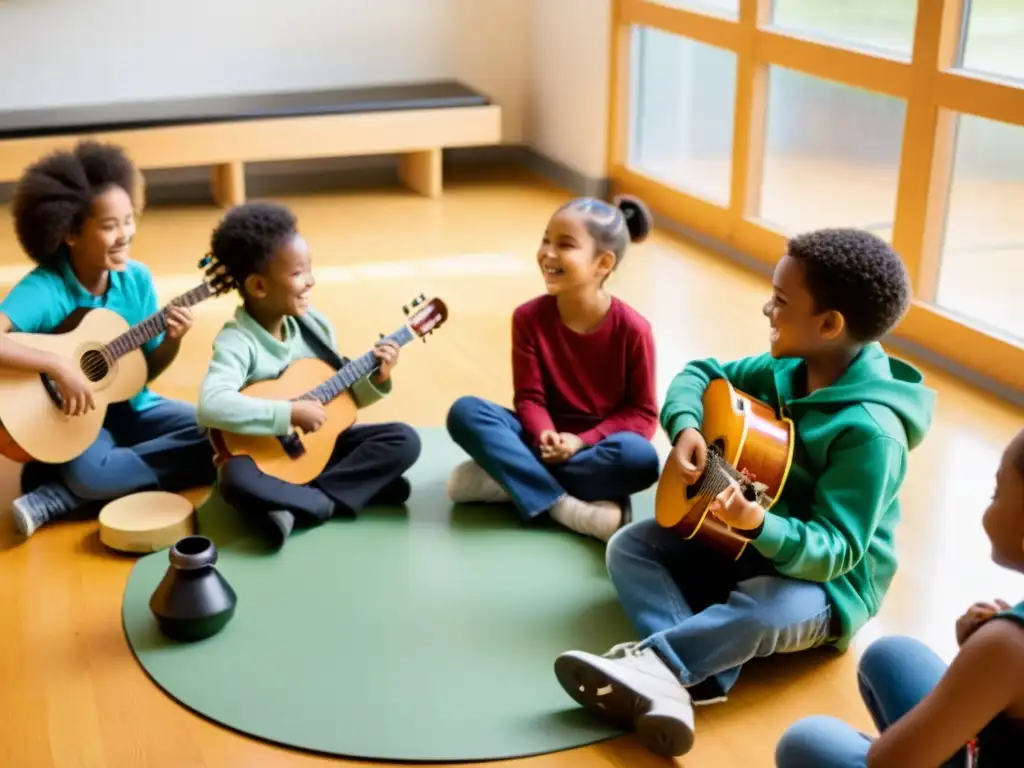 Niños tocando música juntos en comunidad Un grupo de niños diversos toca instrumentos musicales juntos en un centro comunitario, promoviendo la inclusión social a través de la música