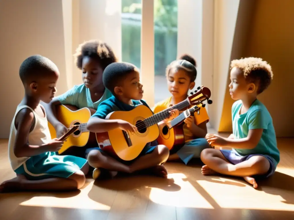 Grupo de niños tocando instrumentos musicales, creando un ambiente vibrante y vital para el desarrollo cognitivo infantil