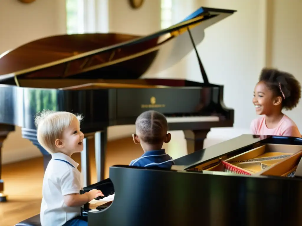 Un grupo de niños rodea un piano de cola, observando con asombro mientras el instructor les enseña