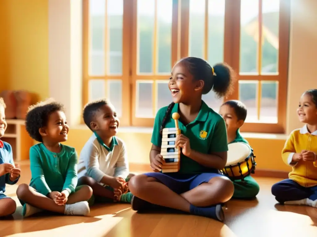 Grupo de niños preescolares tocando instrumentos musicales, guiados por su maestra