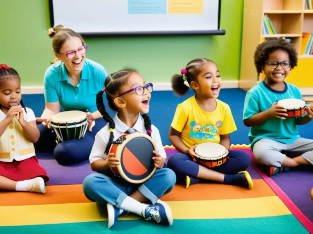 Grupo de niños preescolares explorando instrumentos musicales en un alegre ambiente educativo lleno de color y alegría