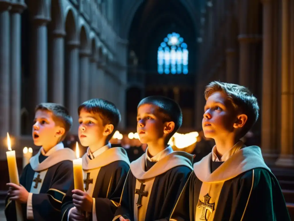 Grupo de niños en túnicas renacentistas cantando en la catedral iluminada por velas, mostrando la importancia de la escolanía renacentista