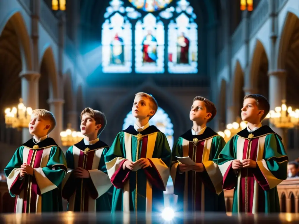 Grupo de niños en trajes renacentistas en majestuosa catedral con luz solar a través de vitrales, preparándose para cantar