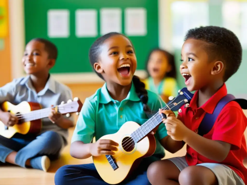 Grupo de niños tocando alegremente ukeleles en un aula iluminada, mostrando los beneficios sociales del ukelele infantil