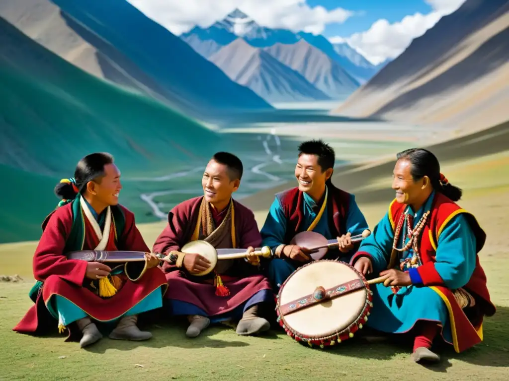 Un grupo de nómadas tibetanos tocando el Damaru en las montañas del Himalaya, evocando la dramática situación del Damaru tibetano