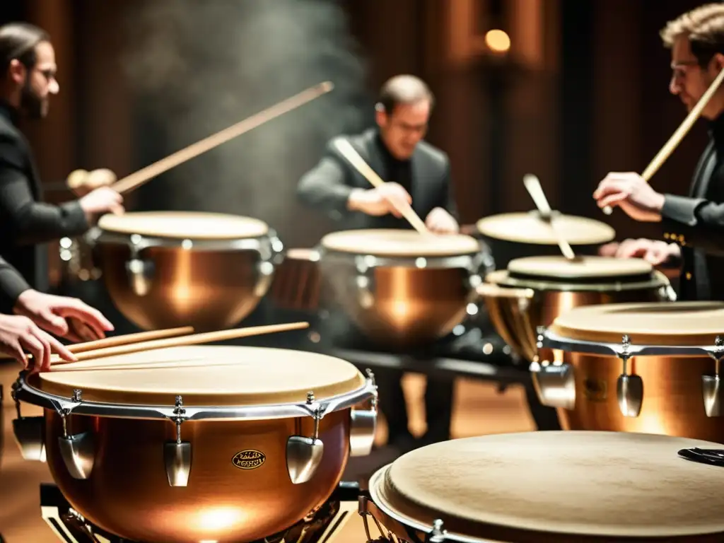 Un grupo de percusión de música barroca en escena, con músicos tocando timbales, tambores y platillos