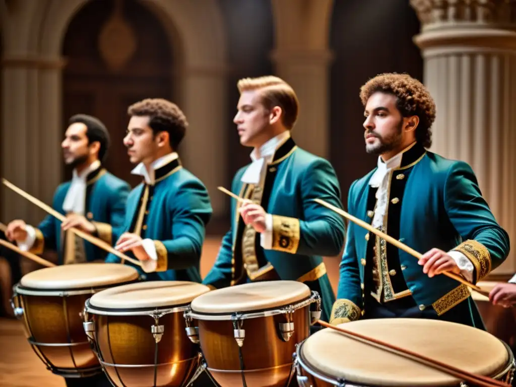 Un grupo de música barroca interpreta con pasión, destacando la percusión en la música barroca