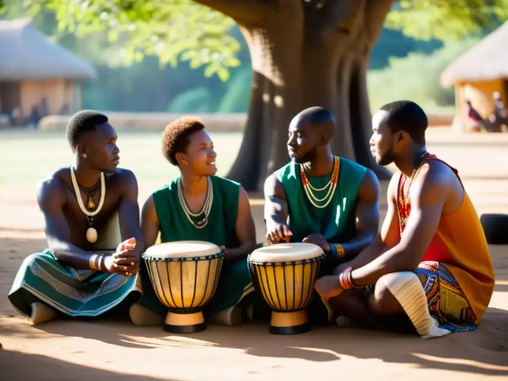 Un grupo de percusionistas africanos se prepara para tocar djembés bajo la luz del sol entre los árboles