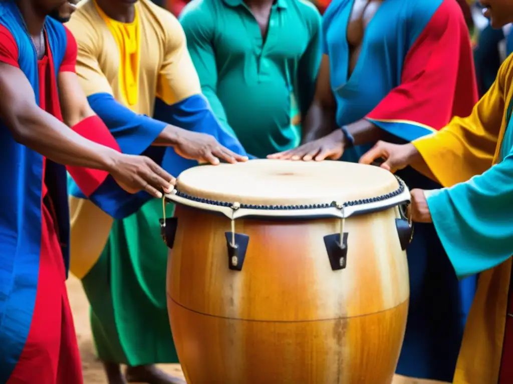 Grupo de percusionistas afrobrasileños tocando un atabaque en ritual tradicional