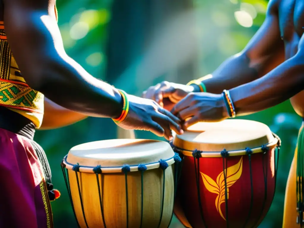 Grupo de percusionistas Afrobrasileños tocando atabaques en un ritual tradicional, con vibrantes colores y conexiones culturales