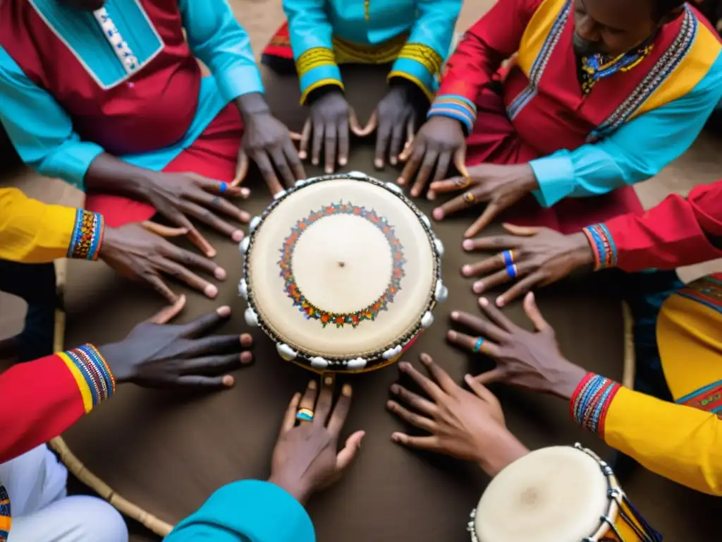 Un grupo de percusionistas de Candomblé tocan tambores Afoxé en un círculo, con movimientos dinámicos