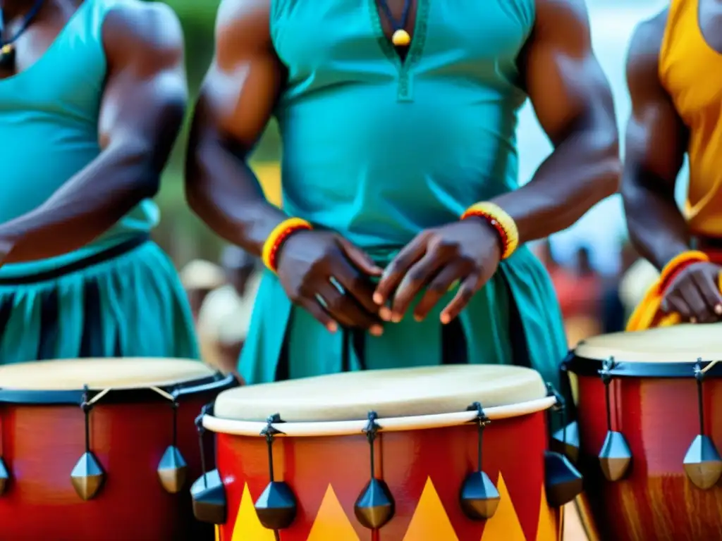 Un grupo de percusionistas realizando una ceremonia de Candomblé con técnicas de percusión