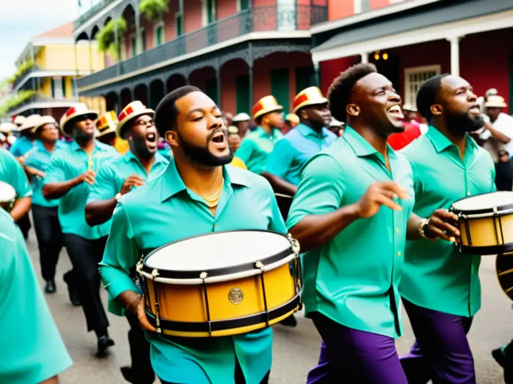 Grupo de percusionistas en desfile de Second Line en Nueva Orleans, mostrando la energía vibrante y las técnicas de Second Line en percusión