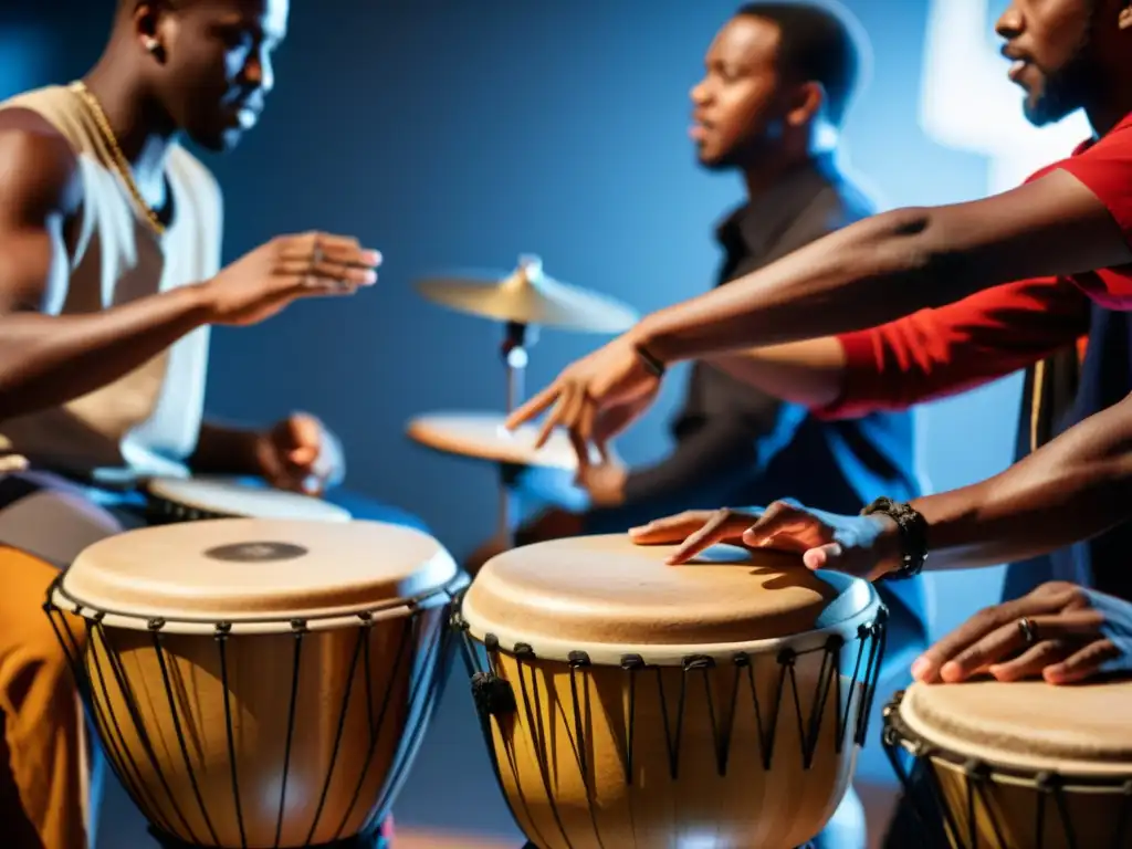 Un grupo de percusionistas toca el djembé en un estudio de música africana moderna, fusionando elementos tradicionales y contemporáneos