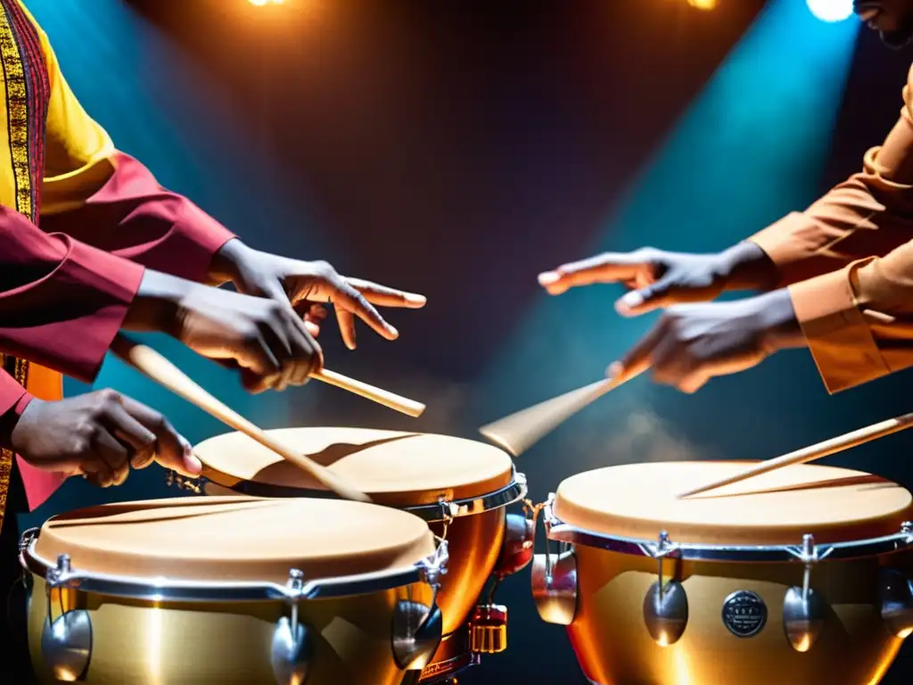 Un grupo de percusionistas en acción, canalizando la energía del Afrobeat a través de sus técnicas de percusión