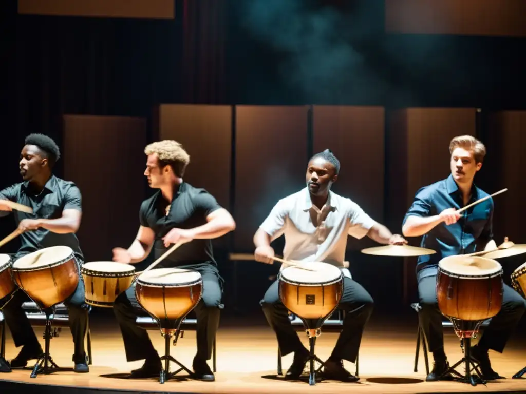 Percusionistas en Sincronía: Energía y Pasión en Escena Un grupo de percusionistas en el escenario, sus movimientos sincronizados comunican una poderosa unidad y colaboración