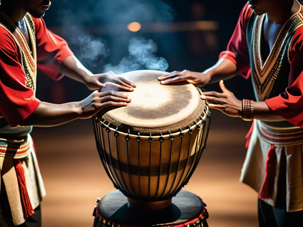 Un grupo de percusionistas hábiles interpreta ritmos tradicionales en un escenario tenue, transmitiendo pasión y energía