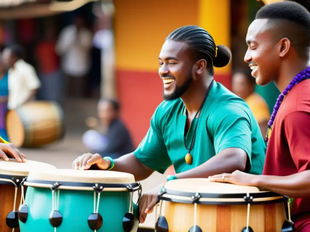 Grupo de percusionistas narran historias culturales con sus tambores en un mercado vibrante