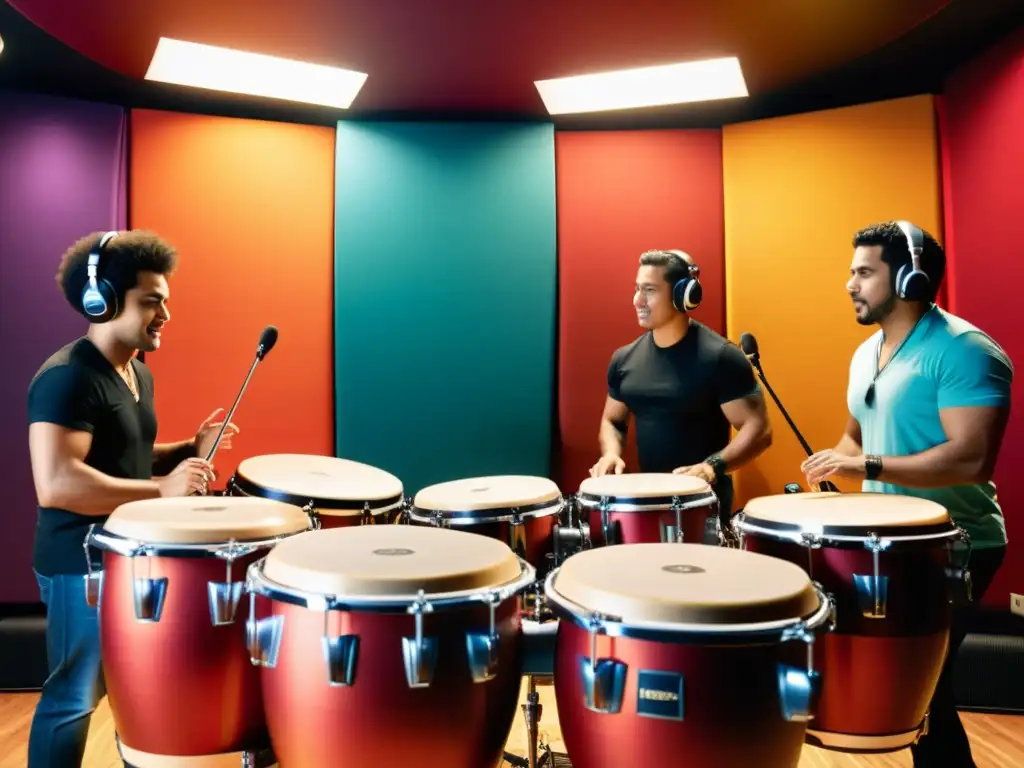 Un grupo de percusionistas latinos tocando instrumentos tradicionales en un estudio de grabación, creando la base rítmica para una canción pop moderna