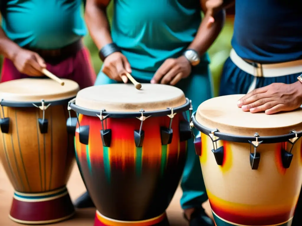 Un grupo de percusionistas latinos tocando tambores tradicionales con intensa concentración en sus manos