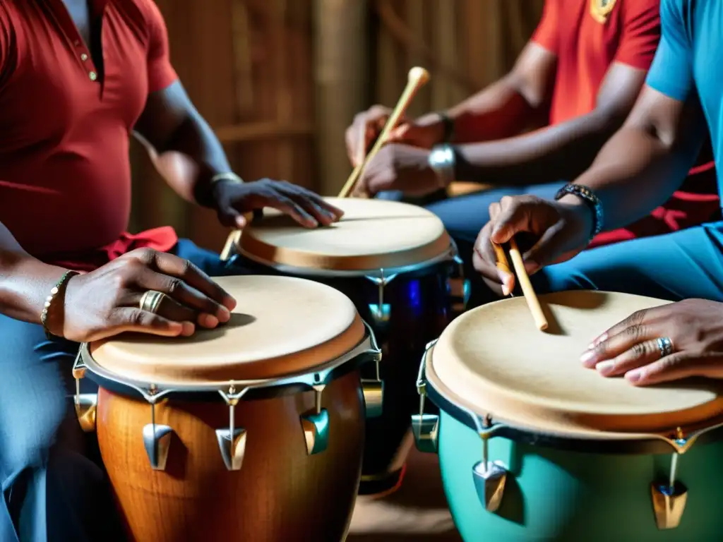 Un grupo de percusionistas panameños en una enérgica interpretación, resaltando la influencia africana en la percusión panameña