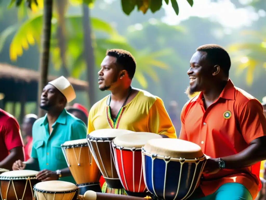 Grupo de percusionistas panameños tocan tambores africanos en un ambiente festivo al aire libre, capturando la influencia africana en la percusión panameña