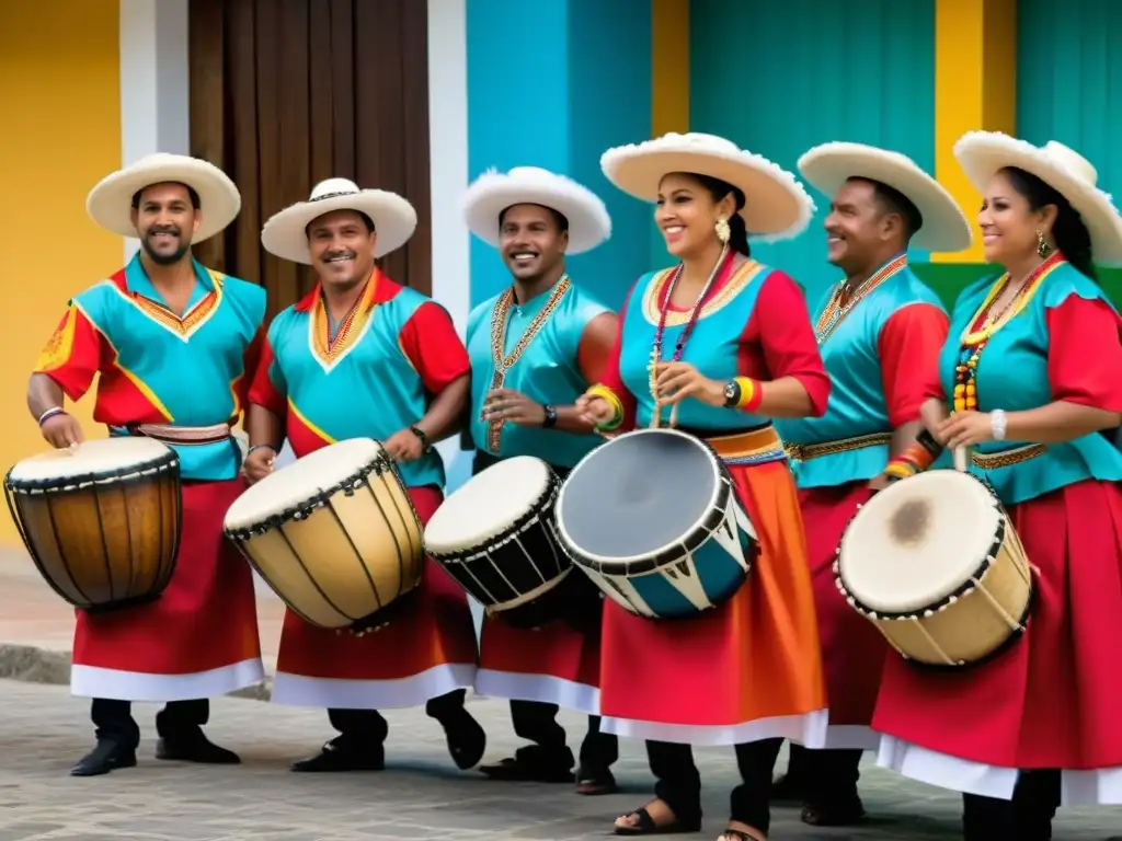 Grupo de percusionistas panameños tocando el Tamborito, expresando la historia y pasión de la percusión en un festival cultural vibrante