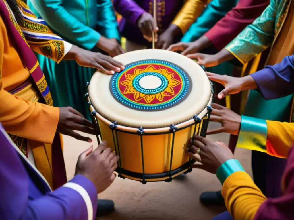 Grupo de percusionistas de Candomblé tocando con pasión un tambor decorado