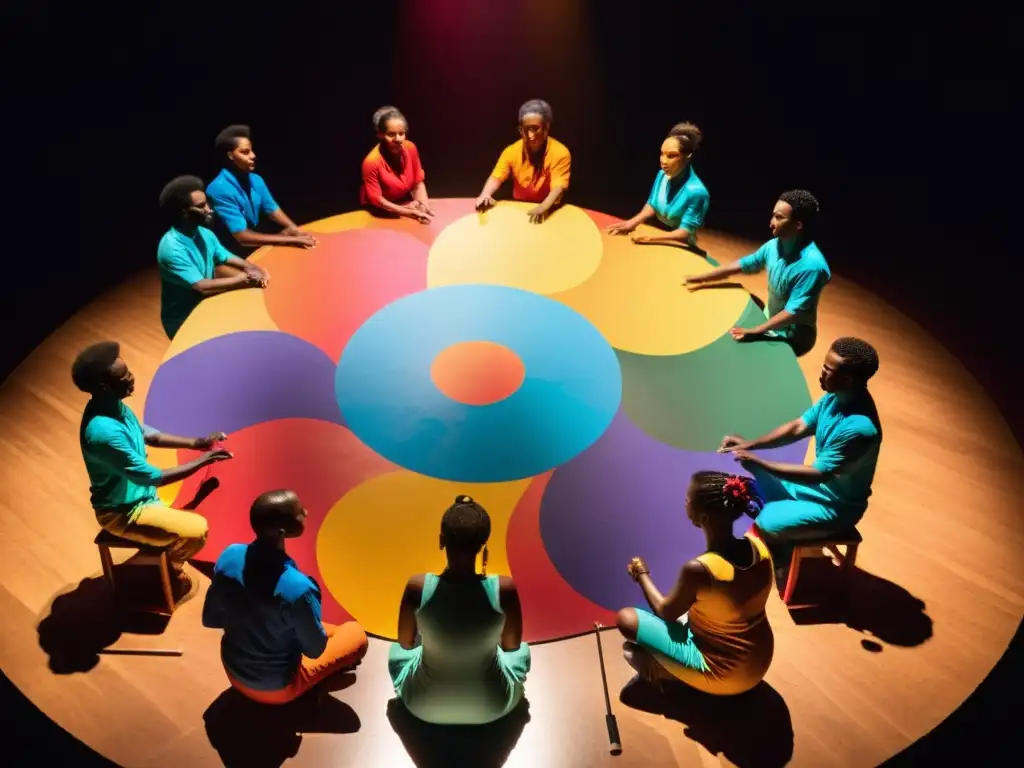 Intenso ritmo y pasión: percusionistas pintados en vibrantes colores Un grupo de percusionistas pintados con colores vibrantes ejecutan técnicas de percusión corporal, transmitiendo pasión y energía en su actuación