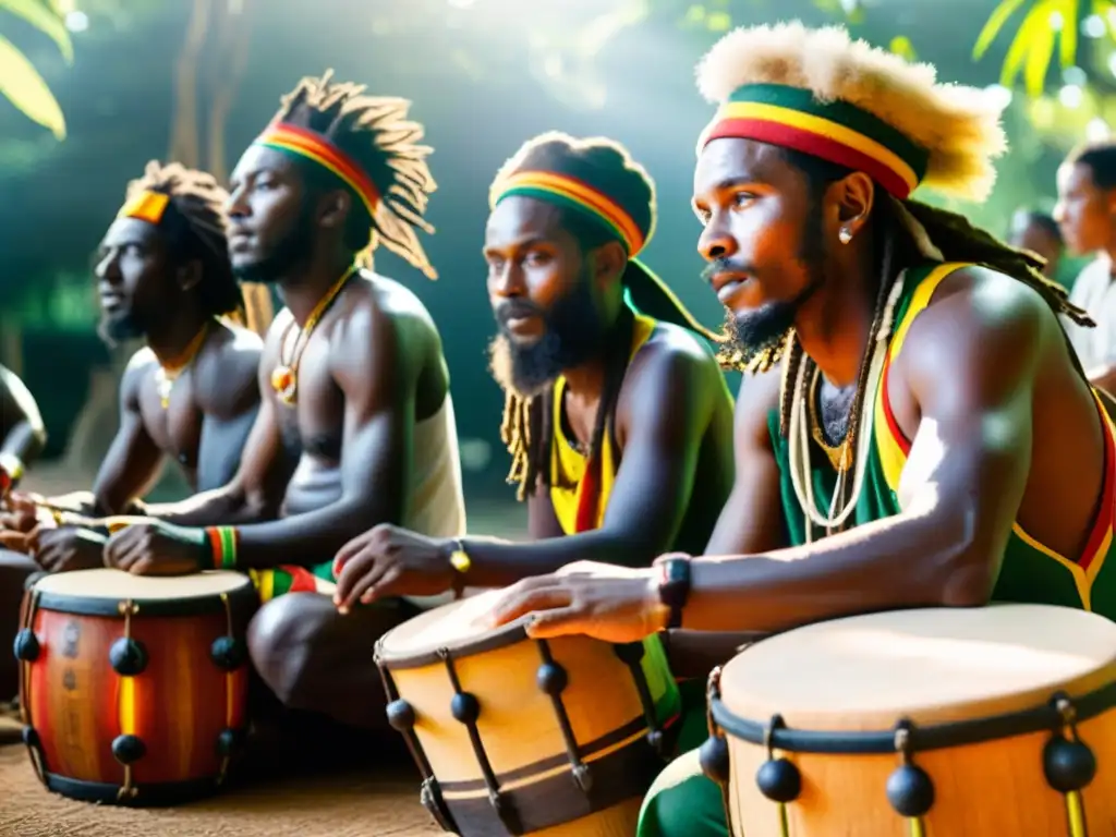 Grupo de percusionistas Rastafari tocando los tambores Nyabinghi con pasión y maestría, creando una escena poderosa y llena de tradición