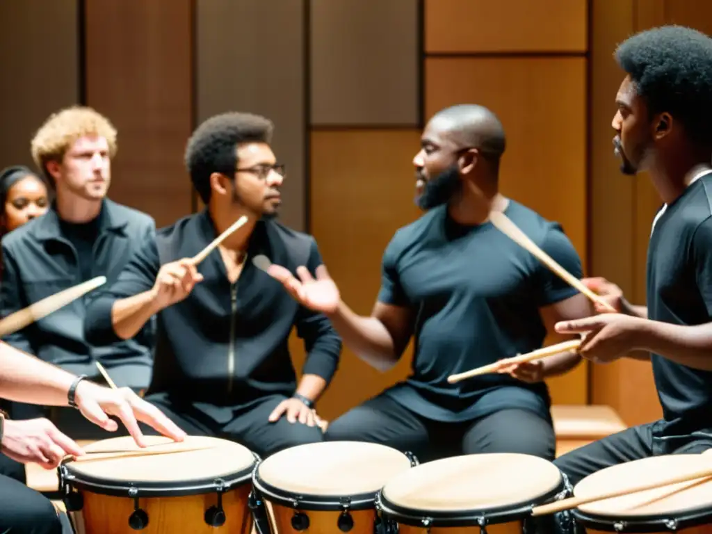 Intensa comunicación gestual entre percusionistas Un grupo de percusionistas se comunica y dirige con señas durante una actuación, creando un lenguaje único en el conjunto de percusión