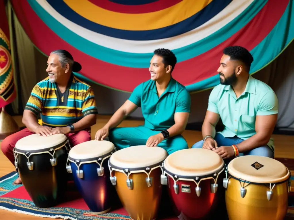 Grupo de percusionistas talentosos interpretando ritmos tradicionales de Latinoamérica en tambores autóctonos, rodeados de colores vibrantes y expresiones enfocadas