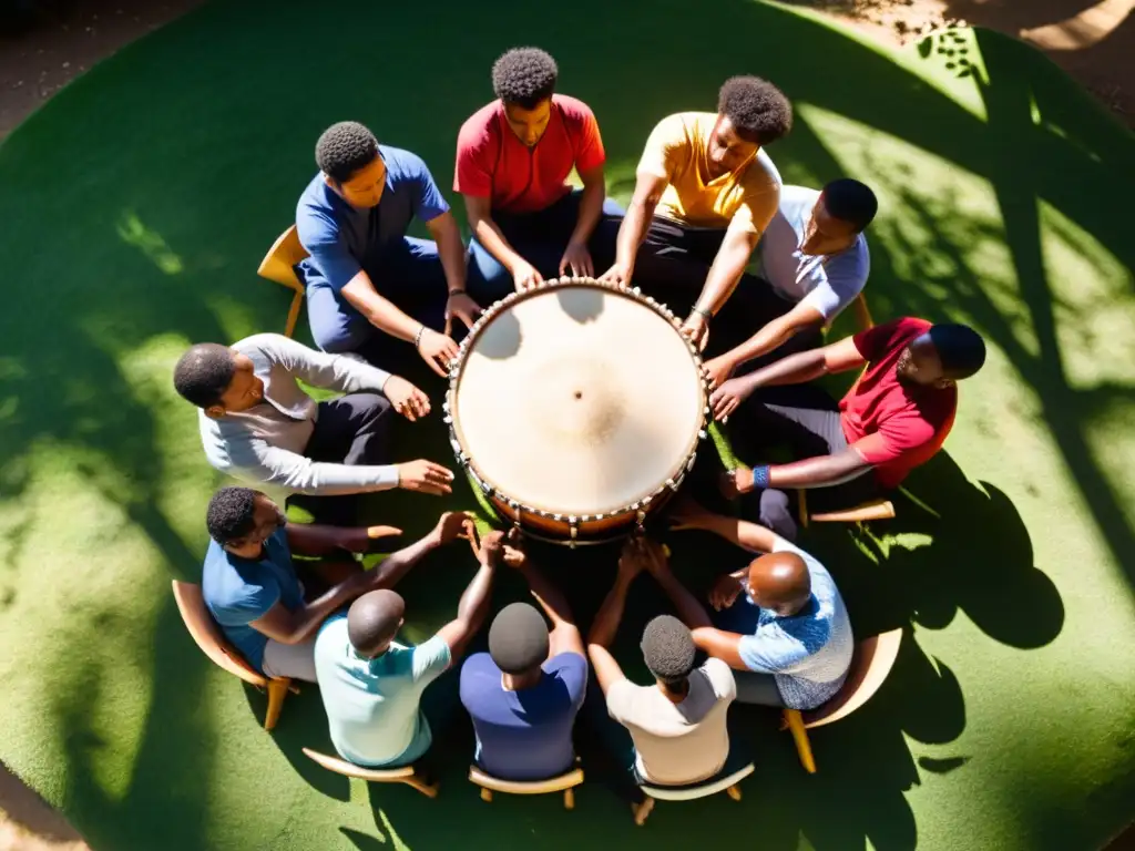 Grupo de percusionistas tocando tambores tradicionales con sonoridad de tambores tradición e innovación, bajo la luz filtrada entre los árboles