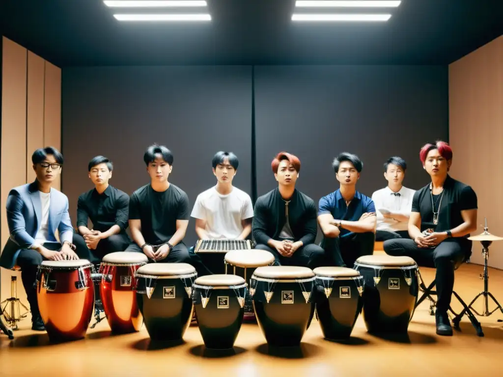 Grupo de percusionistas KPop practicando técnicas modernas de percusión en un estudio vanguardista, fusionando lo tradicional y lo contemporáneo