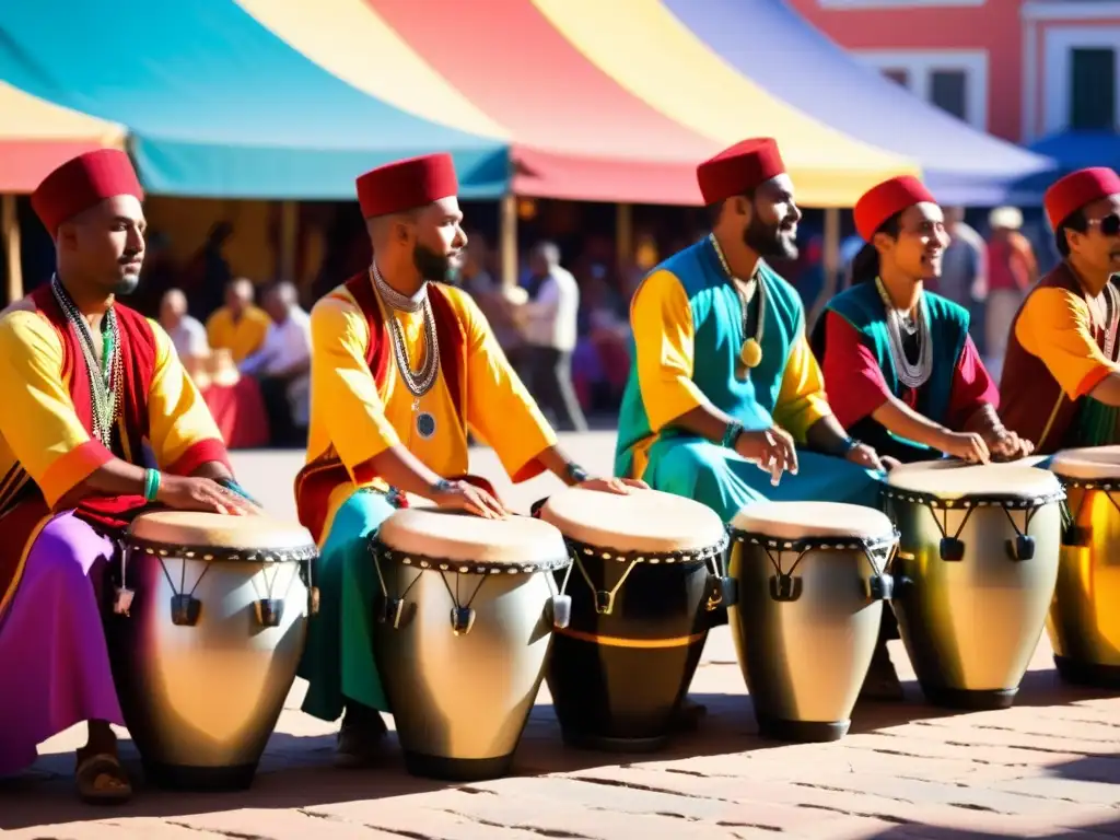 Grupo de percusionistas tradicionales en un mercado vibrante, con textiles coloridos y espectadores animados