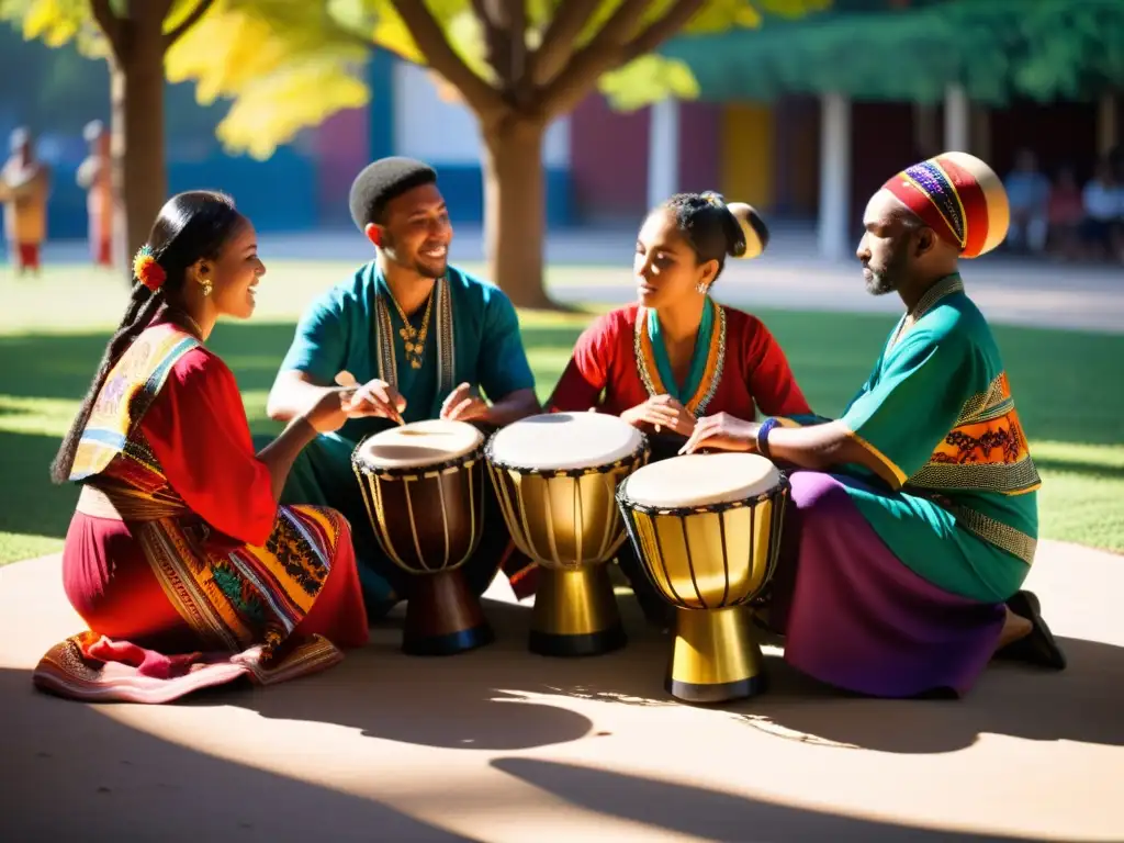 Grupo de percusionistas tradicionales tocando con pasión entre textiles coloridos, mostrando la globalización en la percusión tradicional