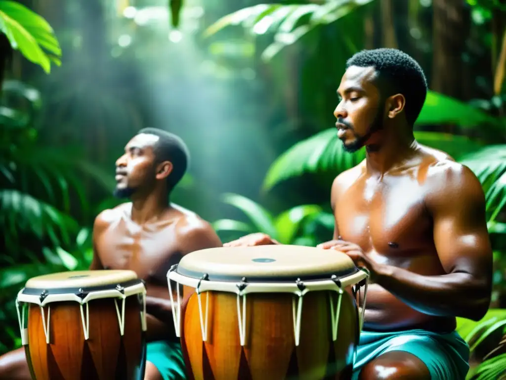 Grupo de percusionistas tradicionales tocando tambores de agua en la exuberante selva tropical, creando ritmos líquidos en la percusión tradicional