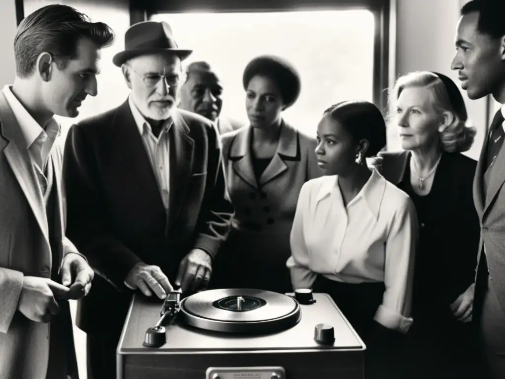Grupo de personas de diferentes generaciones escuchando atentamente grabaciones históricas restauradas en un tocadiscos vintage