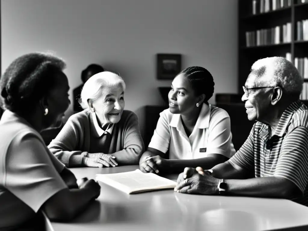 Grupo de personas de diferentes generaciones reunidas alrededor de una mesa, compartiendo una conversación animada