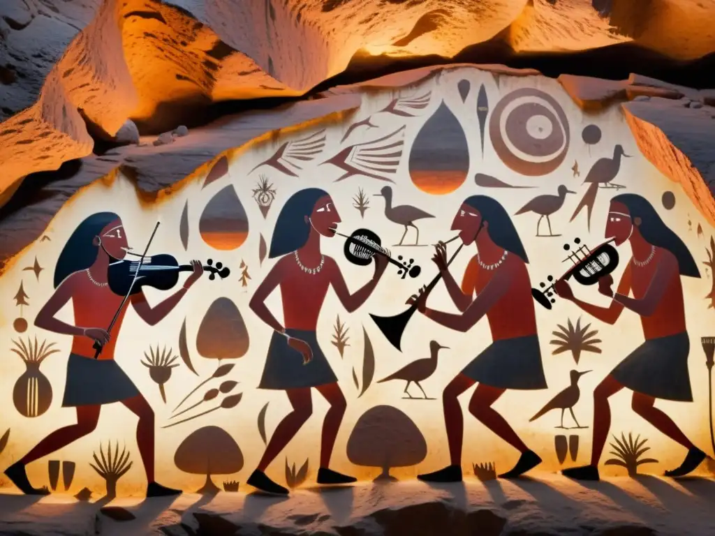 Grupo de pinturas rupestres en cuevas prehistóricas con músicos y acústica de instrumentos, iluminados por antorchas