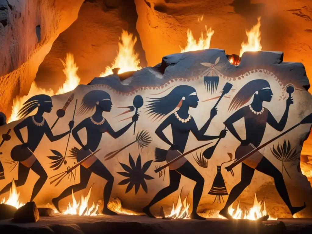 Grupo de pinturas rupestres prehistóricas que muestran humanos primitivos danzando alrededor del fuego con instrumentos musicales