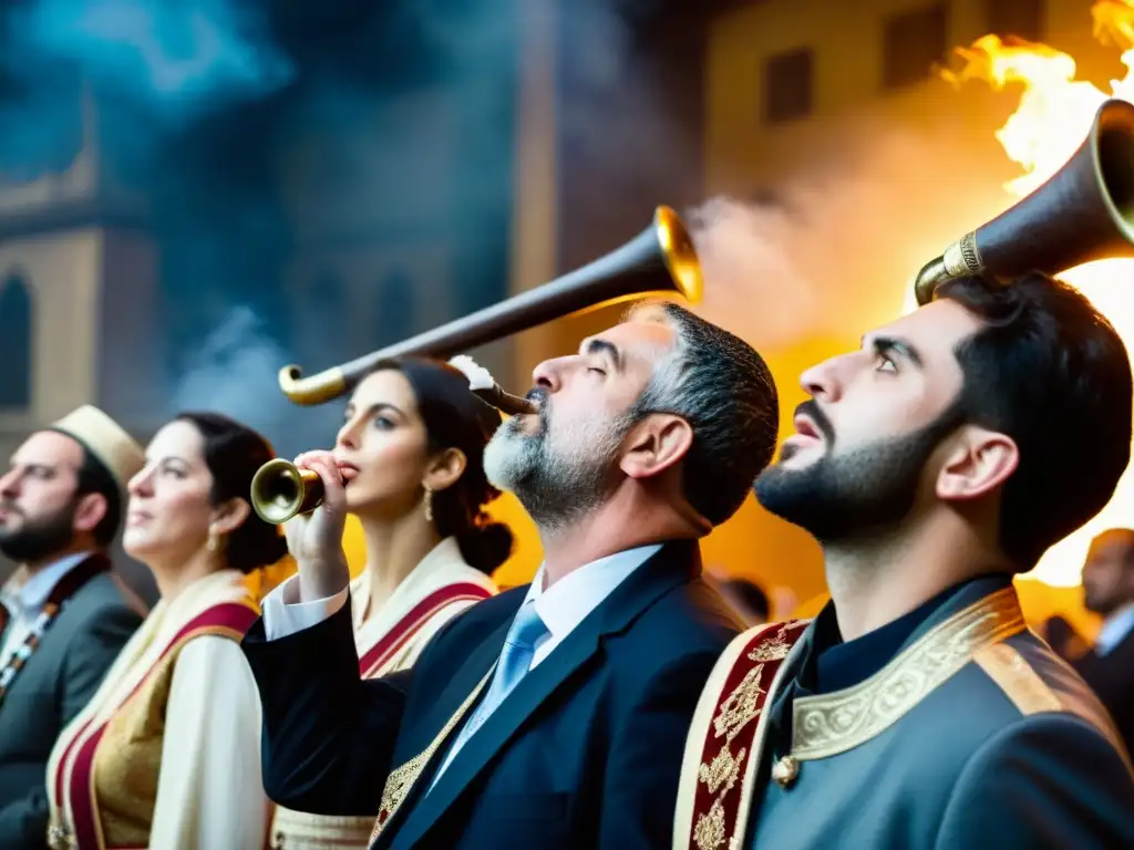 Grupo tocando shofars en ceremonia judía, con significado espiritual shofar judío