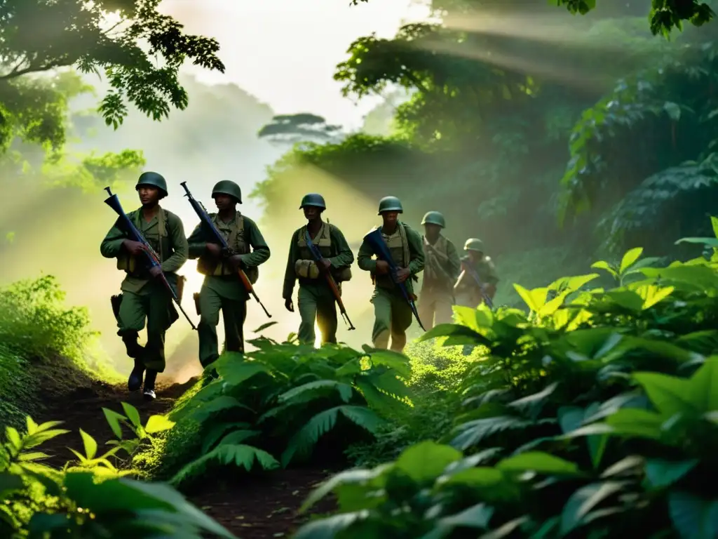 Un grupo de soldados avanza por la densa selva, con una trompeta militar destacando entre su equipo