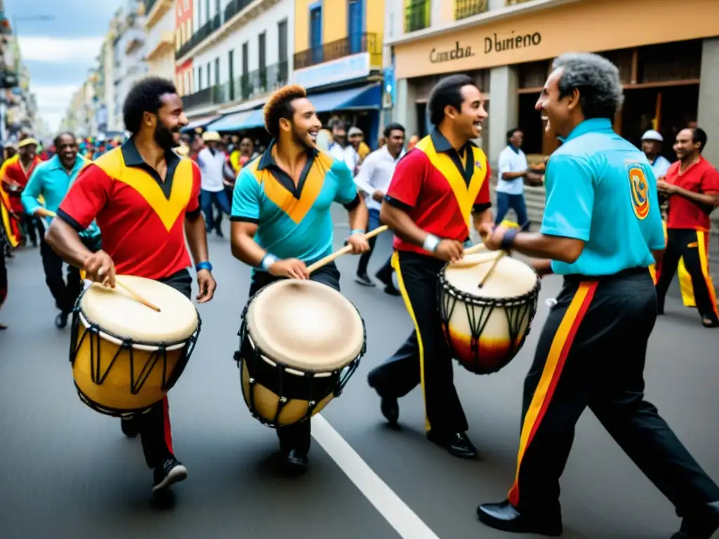 Grupo de tambores de candombe uruguayo en acción, capturando la energía vibrante y rítmica de la tradición