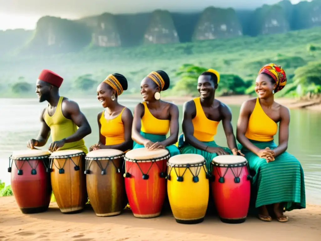 Grupo en Ghana tocando tambores junto al agua, con colores vibrantes y ritmos curativos que celebran la cultura de Ghana