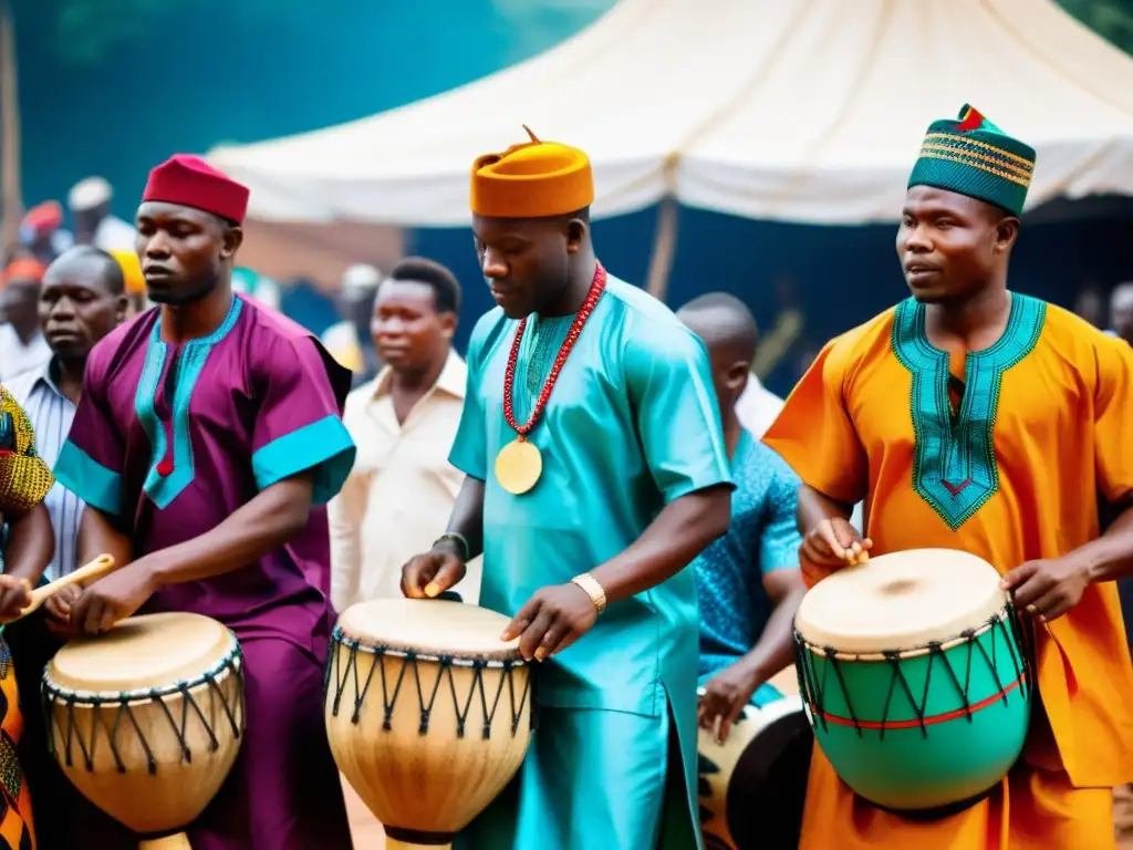 Grupo de tambores Yoruba en Nigeria, ritual en el mercado